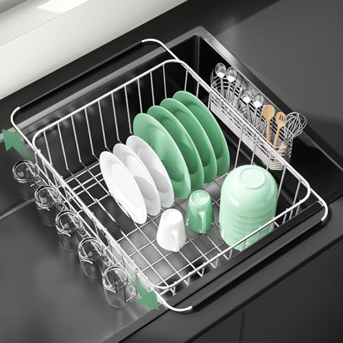 Fanbsy Dish Drying Rack in Sink Extendable Stainless Steel Dish Drainers for Kitchen Counter AntiRust Dish Dryer Rack with Utensil Cup Holders for Inside Sink Over The Sink - Image 1