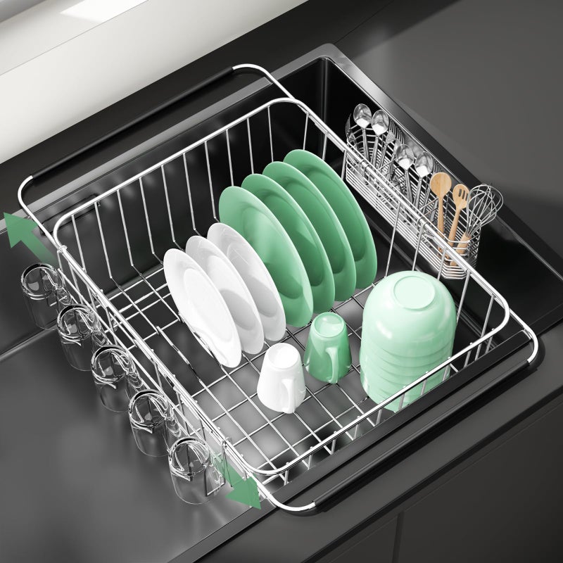 Fanbsy Dish Drying Rack in Sink Extendable Stainless Steel Dish Drainers for Kitchen Counter AntiRust Dish Dryer Rack with Utensil Cup Holders for Inside Sink Over The Sink - Image 2