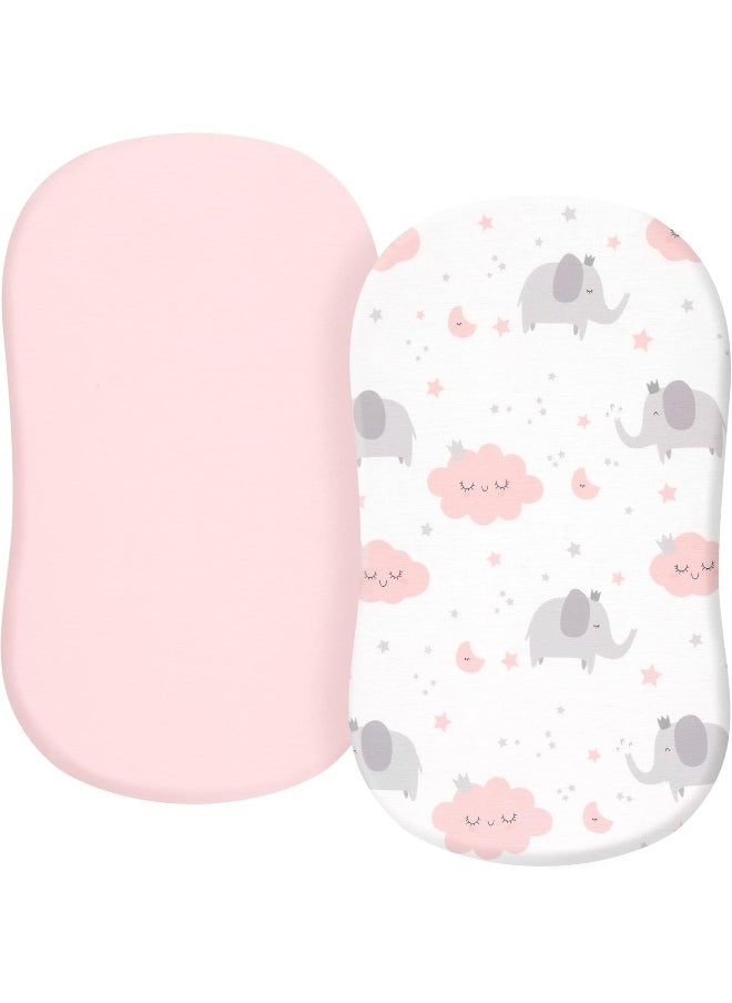 TILLYOU TILLYOU Baby Bassinet Sheets for Girls Boys, Fit for Hourglass Oval Rectangle Bassinet Mattress Sheets, 33”X16”, 2 Pack Elephant & Cloud Pink  - Image 1