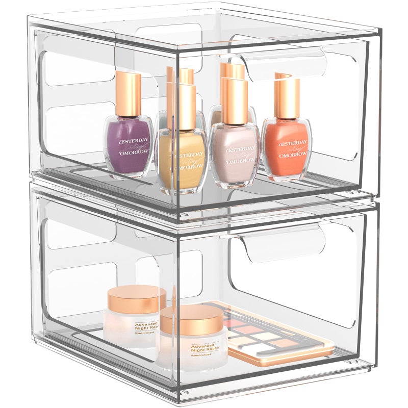 SpaceHacks 2 Pack Stackable Plastic Makeup Organizer Drawers  Acrylic Organizers  Clear Storage Bins with Pull-Out Handles for Vanity  Kitchen Cabinets  Pantry - Image 1