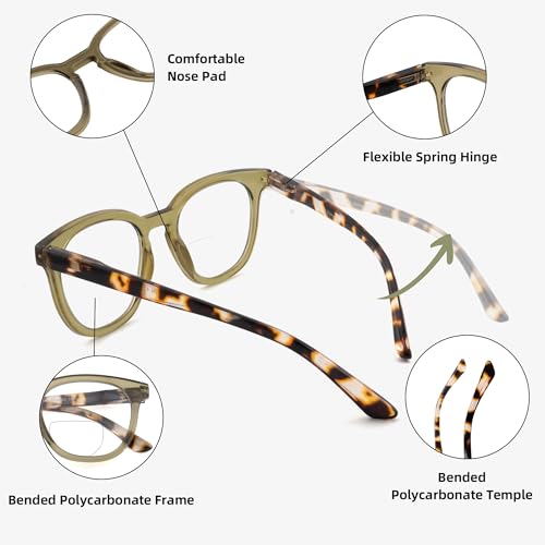 HIYANJN 3 Pack Bifocal Reading Glasses for Women Fashion Black/Tortoise/Green Colorful Round Frame Readers With Spring Hinger 1.25x - Image 4