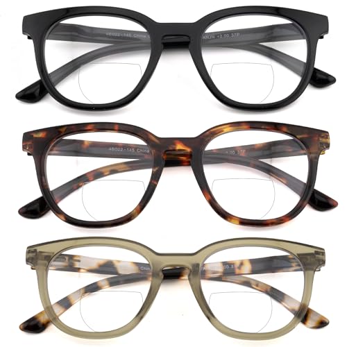 HIYANJN 3 Pack Bifocal Reading Glasses for Women Fashion Black/Tortoise/Green Colorful Round Frame Readers With Spring Hinger 1.25x - Image 1