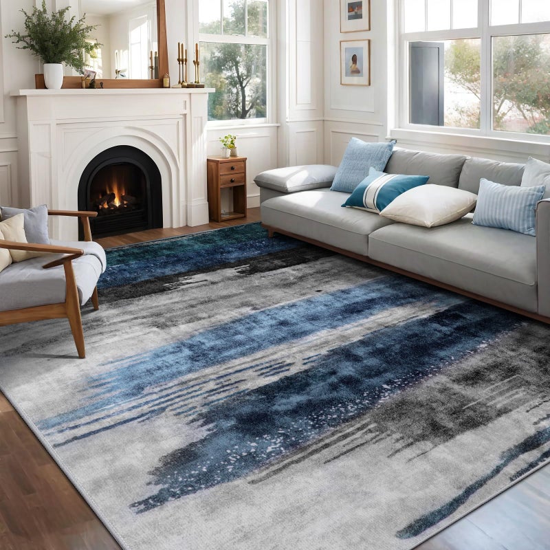 Ciicool Modern Abstract Deep Blue Gray Rug for Living Room, 8'x10' Machine Washable Area Rug Non-Slip Rug, Low-Pile Contemporary Indoor Dining Floor Carpet for Bedroom Office Under Table Home Decor - Image 1