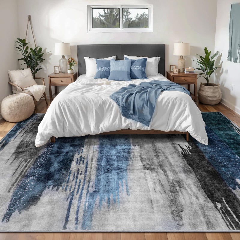 Ciicool Modern Abstract Deep Blue Gray Rug for Living Room, 8'x10' Machine Washable Area Rug Non-Slip Rug, Low-Pile Contemporary Indoor Dining Floor Carpet for Bedroom Office Under Table Home Decor - Image 2