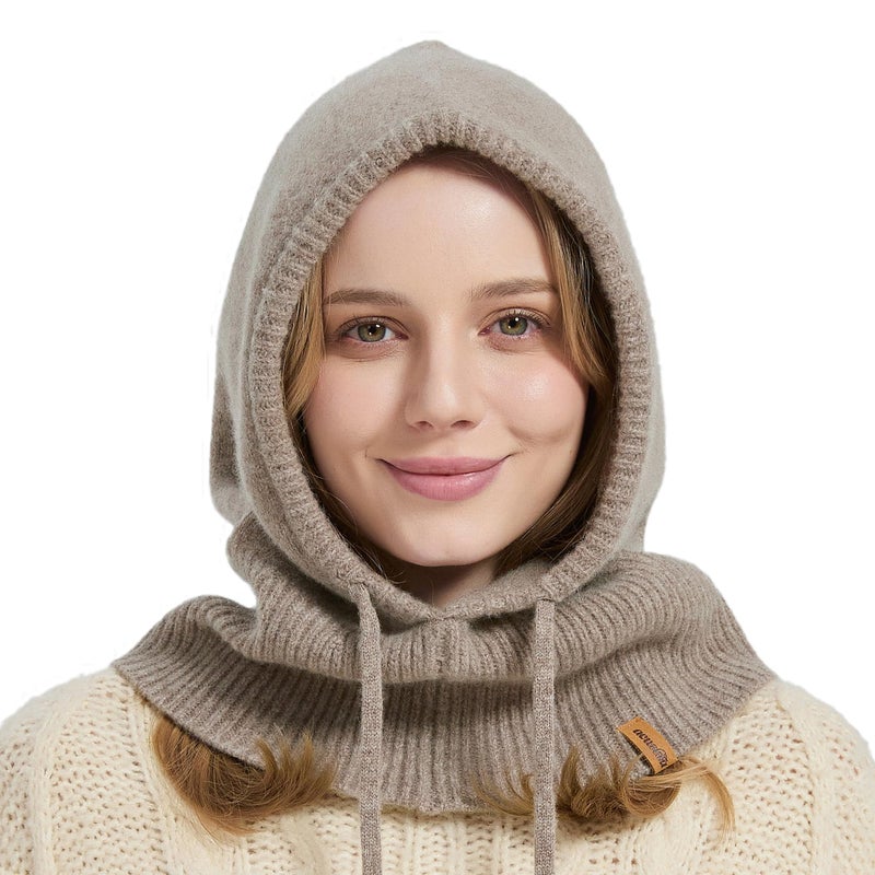 ACUSHLA 100% Merino Wool Balaclava for Women & Men Winter Warm Knit Hooded Scarf Hoodie Hat and Scarf Set in One, Coffee - Image 1