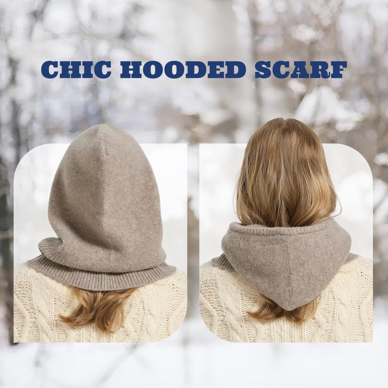 ACUSHLA 100% Merino Wool Balaclava for Women & Men Winter Warm Knit Hooded Scarf Hoodie Hat and Scarf Set in One, Coffee - Image 4