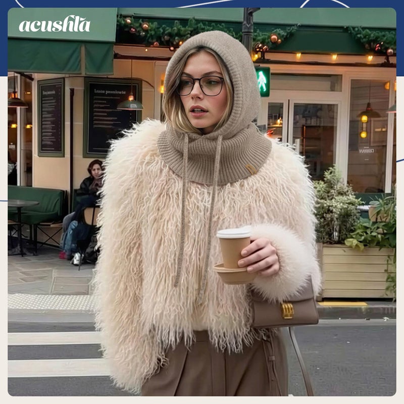ACUSHLA 100% Merino Wool Balaclava for Women & Men Winter Warm Knit Hooded Scarf Hoodie Hat and Scarf Set in One, Coffee - Image 2