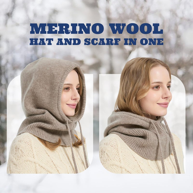 ACUSHLA 100% Merino Wool Balaclava for Women & Men Winter Warm Knit Hooded Scarf Hoodie Hat and Scarf Set in One, Coffee - Image 3