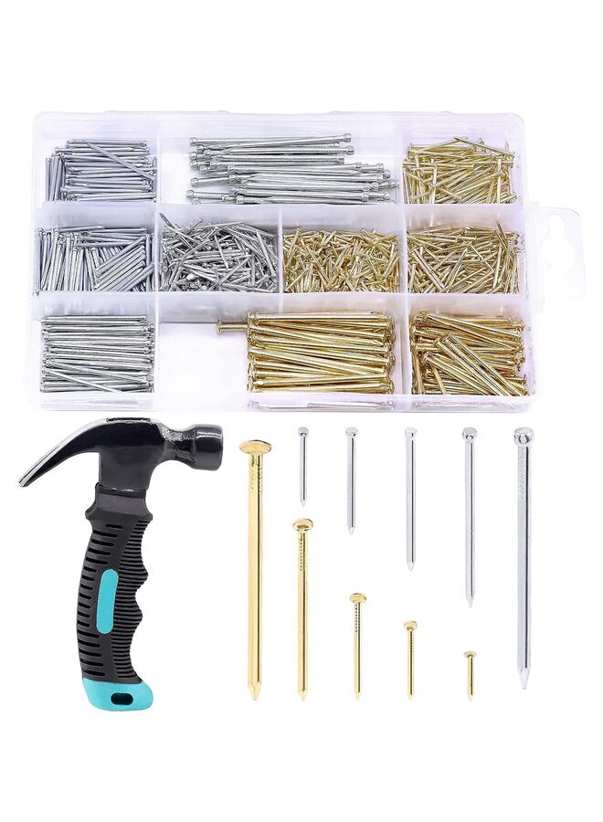 1000 Pcs Nail Assortment Kit & 8oz Claw Hammer, Heavy Duty Framing Hammer and 5 Sizes Galvanized Nails Set for Hanging Pictures, Finish Nails, Wall Mounting (Color : Blue) - Image 1