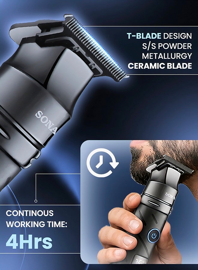 SONASHI Professional T-Blade Hair & Beard Trimmer, Ceramic S/S Blade, Digital LCD, 2000mAh Lithium Battery, 4 Hours Use, USB Type-C Charging, 3 Comb Attachments SHC-1065 Black black - Image 4