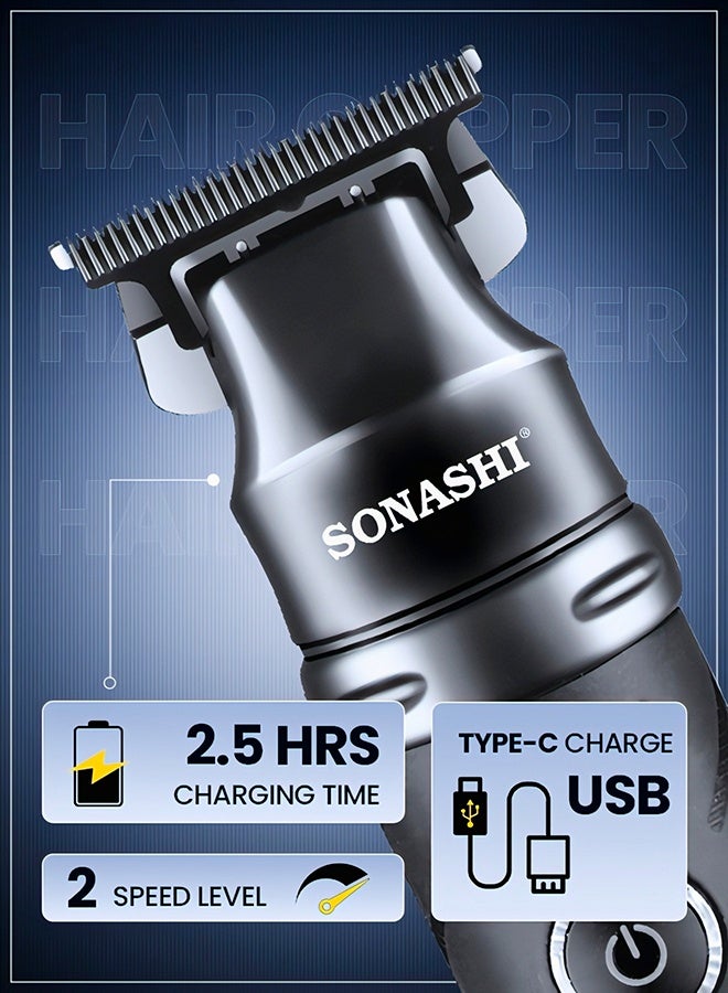 SONASHI Professional T-Blade Hair & Beard Trimmer, Ceramic S/S Blade, Digital LCD, 2000mAh Lithium Battery, 4 Hours Use, USB Type-C Charging, 3 Comb Attachments SHC-1065 Black black - Image 3