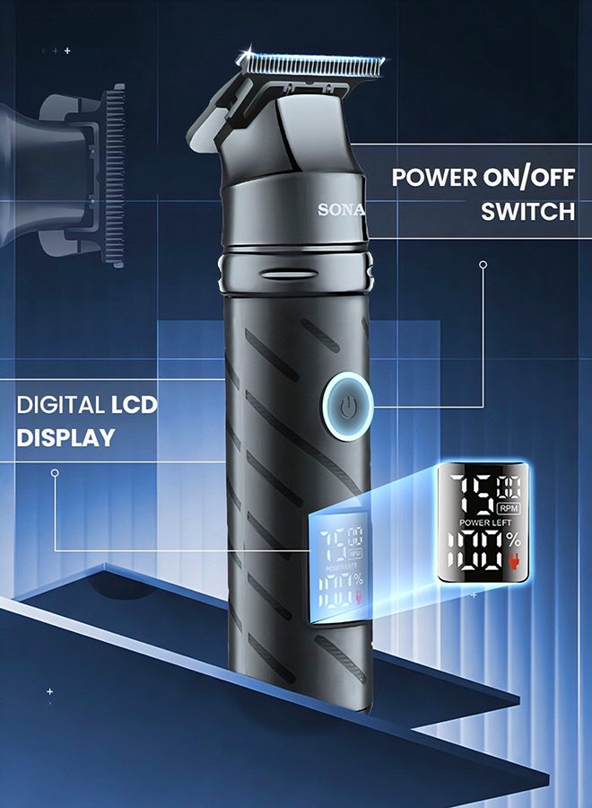 SONASHI Professional T-Blade Hair & Beard Trimmer, Ceramic S/S Blade, Digital LCD, 2000mAh Lithium Battery, 4 Hours Use, USB Type-C Charging, 3 Comb Attachments SHC-1065 Black black - Image 2