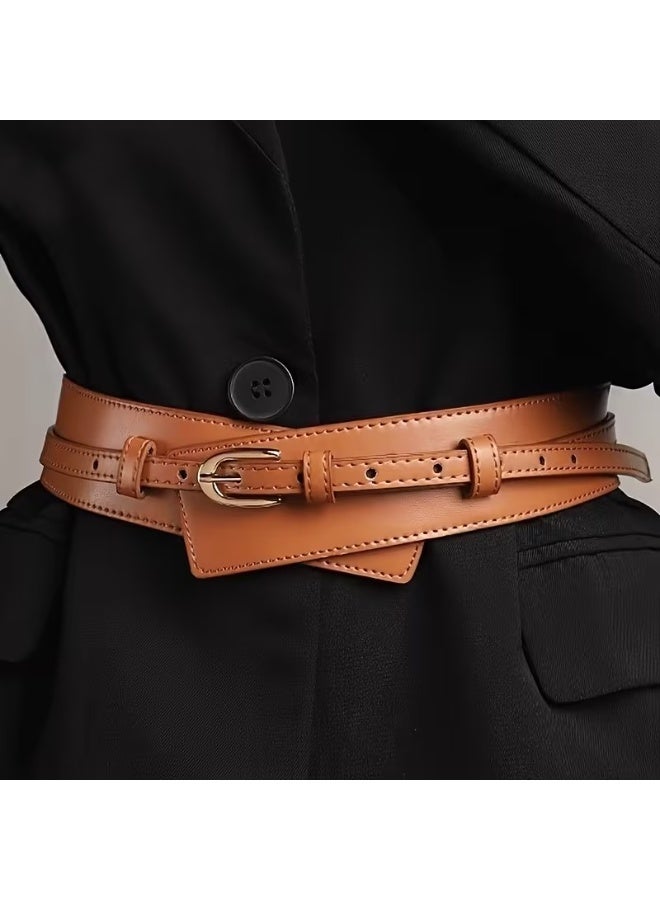 Goolsky 1pc Women'S Wide Waist Belt - Elegant Golden-Tone Buckle, Synthetic Faux Leather Corset Belt for Dresses, Parties, Weddings, Everyday & Formal Events - Adjustable Fit, Durable & Easy-Clean Women'S Fashion Accessory, Party Accessory, Sophisticated Style, Metallic Finish, Evening Wear, Stylish Accessory, Highquality Material, Office Wear - Image 1