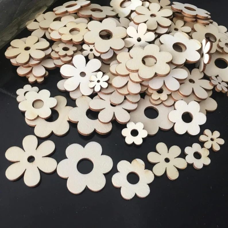 CLITHS Wooden Flower Shapes - Assorted Sizes (50pcs), DIY Craft Supply, 3mm Thick, Blank Wood Cutouts with Hole - 1.18x1.57 inch - Image 3