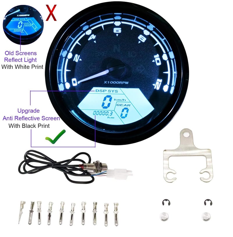 BLUERICE عداد سرعة رقمي عالمي LCD، عداد سرعة دراجة نارية 12000RPM 199 KMH MPH لأسطوانات 1، 2، 4 مع حامل - Image 4