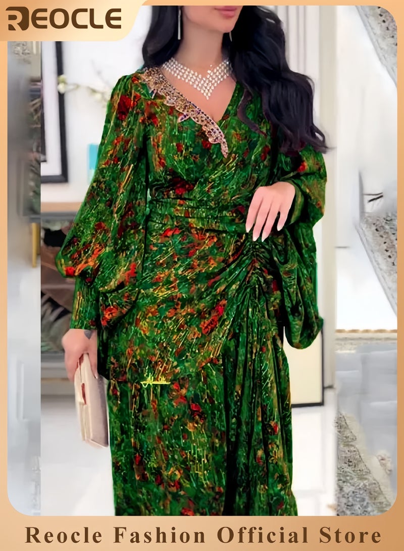 ريوكل فستان أنيق بنقشة الزهور للنساء فستان صيفي طويل بتصميم اللف وأكمام الفانوس فستان كاجوال بوهو بنقشة الزهور بأكمام قصيرة وكشكش عند الحافة وشق مع حزام - Image 1