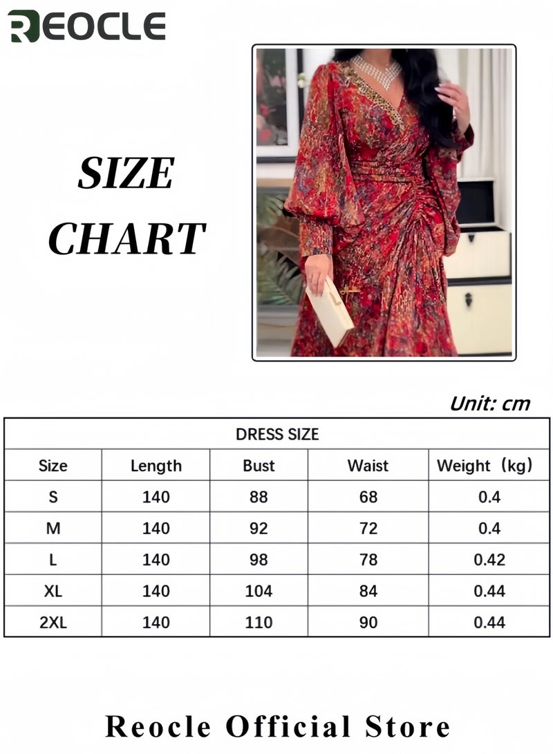 ريوكل فستان أنيق بنقشة الزهور للنساء فستان صيفي طويل بتصميم اللف وأكمام الفانوس فستان كاجوال بوهو بنقشة الزهور بأكمام قصيرة وكشكش عند الحافة وشق مع حزام - Image 3