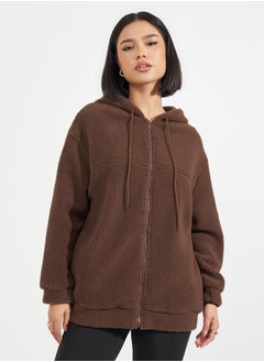 Oversized Longline Faux Fur Zip Through Hoodie