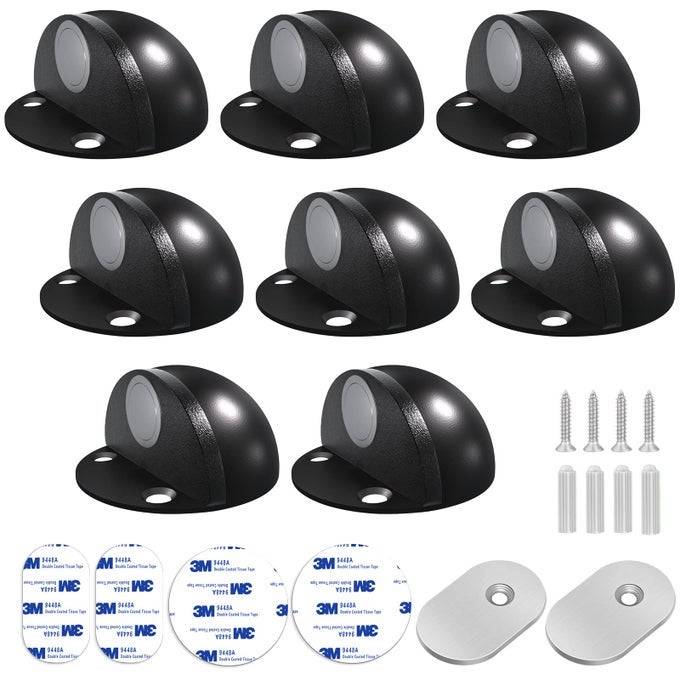 8 PACK MAGNETIC FLOOR DOOR STOPS SELF ADHESIVE BLACK NO DRILL DOOR STOPPER WITH RUBBER BUMPER STAINLESS STEEL MAGNETIC DOOR CATCH HOLDERS WALL PROTECTOR