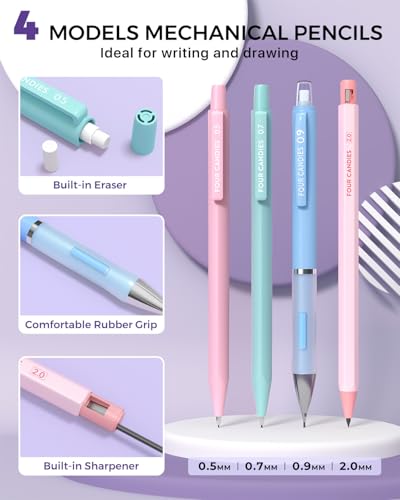 Four Candies 36PCS Aesthetic School Supplies Mechanical Pencils 05mm 07mm 09mm 20mm with 624PCS Lead Refills Cute Mechanical Pencils for Writing Drawing Drafting Pink - Image 3