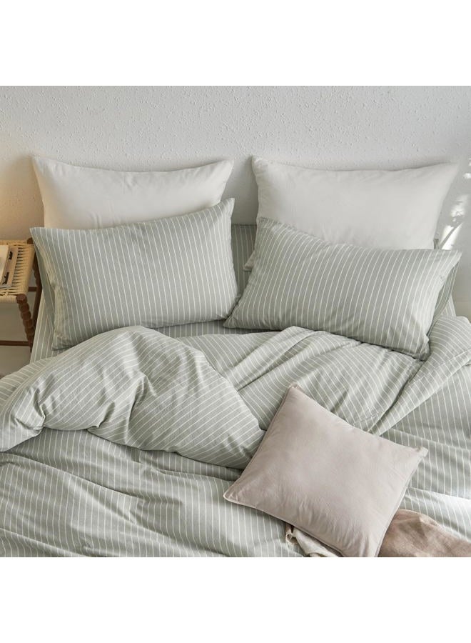 MooMee Bedding Pillowcases Striped Pack of 2 100% Washed Cotton Linen Like Textured Breathable Durable Soft Comfy (Sage Green White Wide Stripes, King) - Image 4