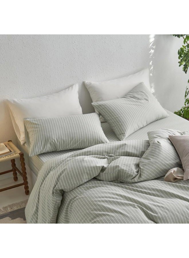 MooMee Bedding Pillowcases Striped Pack of 2 100% Washed Cotton Linen Like Textured Breathable Durable Soft Comfy (Sage Green White Wide Stripes, King) - Image 3