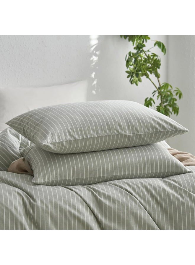 MooMee Bedding Pillowcases Striped Pack of 2 100% Washed Cotton Linen Like Textured Breathable Durable Soft Comfy (Sage Green White Wide Stripes, King) - Image 1
