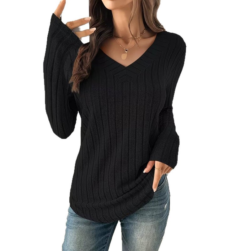 2026 Autumn Winter Women's V-Neck Ribbed T-Shirt - Image 5