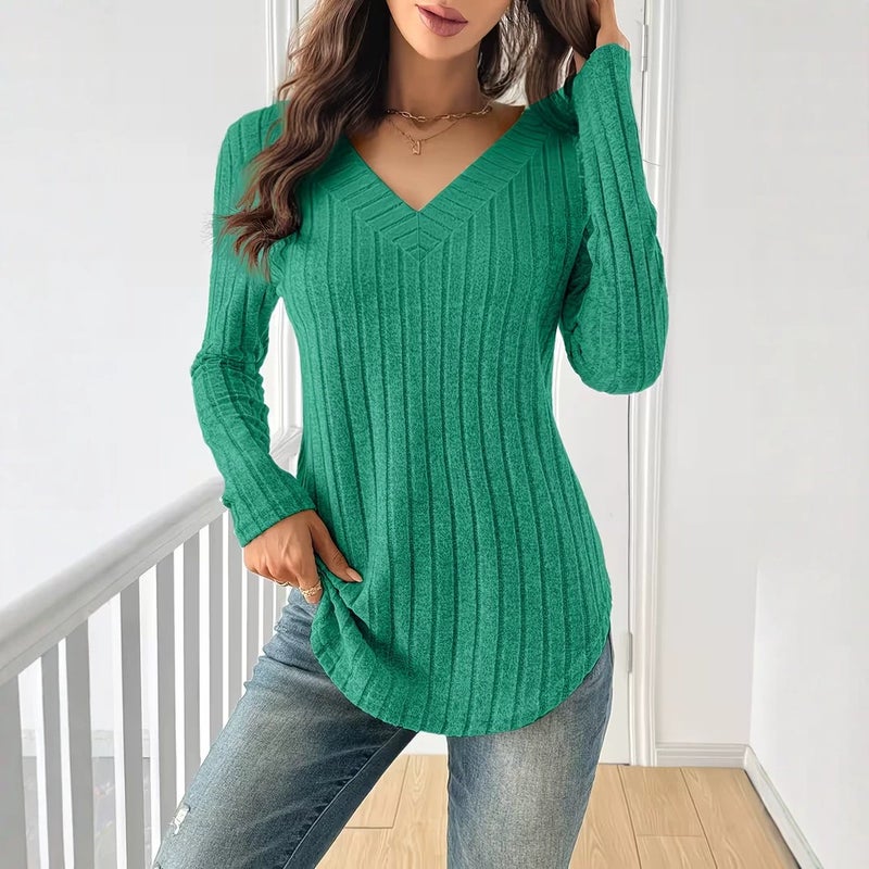 2026 Autumn Winter Women's V-Neck Ribbed T-Shirt - Image 2