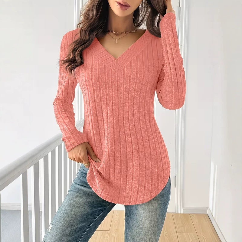 2026 Autumn Winter Women's V-Neck Ribbed T-Shirt - Image 3