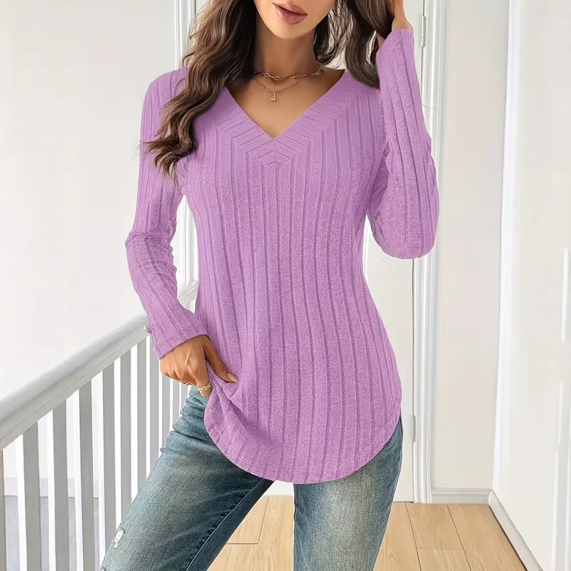 2026 Autumn Winter Women's V-Neck Ribbed T-Shirt - Image 4