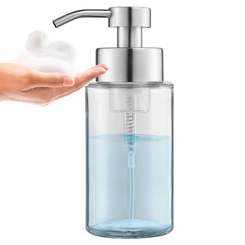 Doiliese Glass Foaming Hand Soap Dispenser, 10 oz Easy Refill Glass Soap Dispenser, Foam Dispenser with Stainless Steel Pump & Waterproof Labels, Clear Foam Soap Bottle for Bathroom Countertop - Image 1