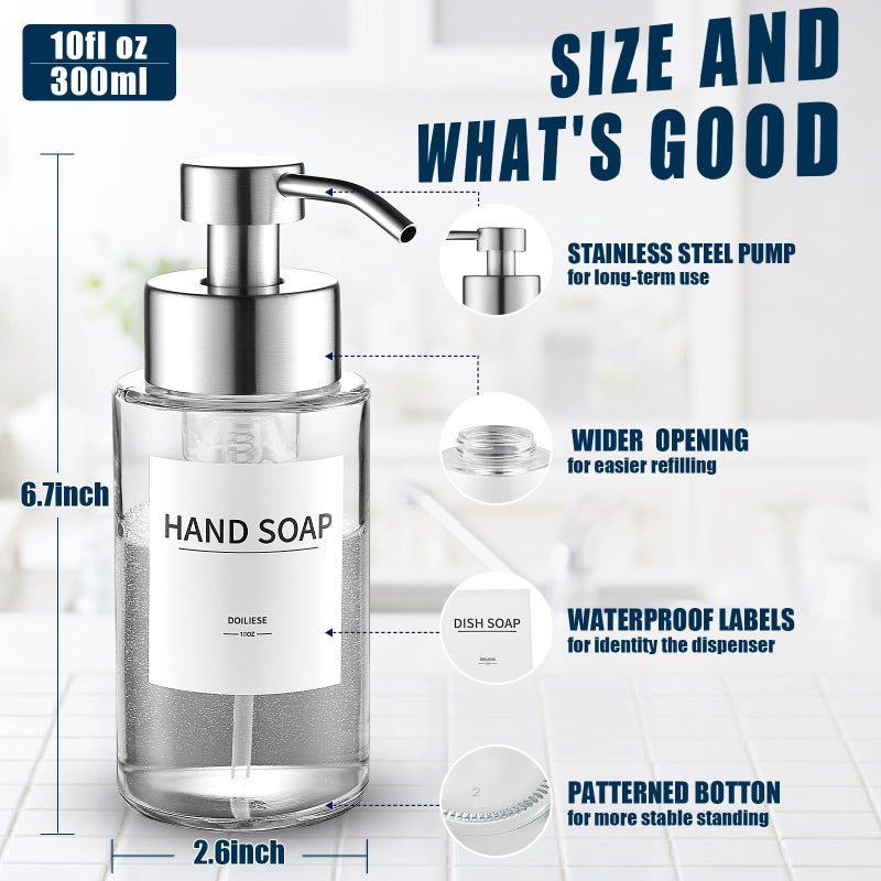 Doiliese Glass Foaming Hand Soap Dispenser, 10 oz Easy Refill Glass Soap Dispenser, Foam Dispenser with Stainless Steel Pump & Waterproof Labels, Clear Foam Soap Bottle for Bathroom Countertop - Image 2