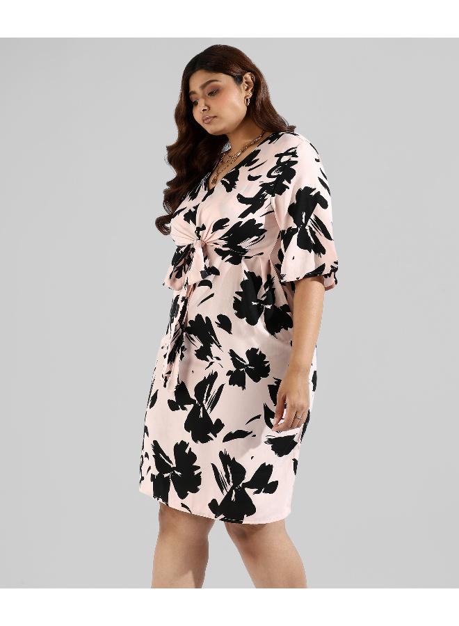 Instafab Plus Women's Baby Pink Foliage Tie-Up Dress - Image 2