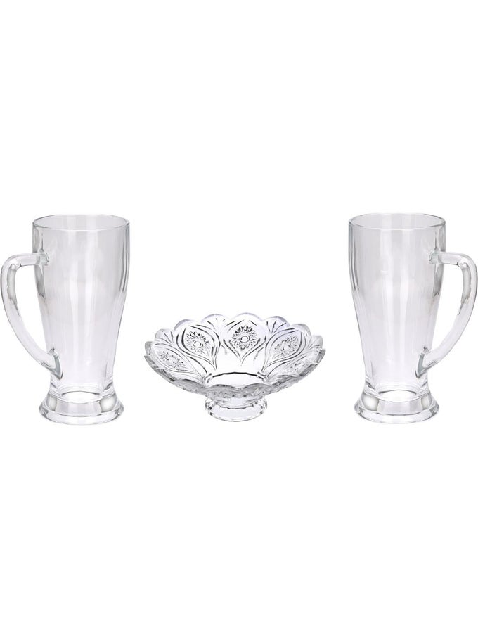 COMBO SET OF 2 BEER GLASSES AND 1 SNACK PLATE TRANSPARENT GLASS SET OF 3 GLASS SIZE 7 X 11 X 15 CM PLATE SIZE 35 X 35 X 10 CM