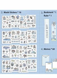 KASTWAVE Cartoon Memo Set, Washi Sticker, Ruler, Bookmark, 21 Days Habit, Notes Writing Pads Scrapbook with 7 Rolls Masking Tapes for Planning, 100 Day Countdown (Blue)  - Image 5