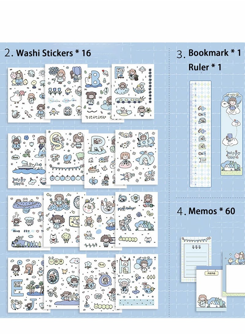 KASTWAVE - Cartoon Memo Set, Washi Sticker, Ruler, Bookmark, 21 Days Habit, Notes Writing Pads Scrapbook with 7 Rolls Masking Tapes for Planning, 100 Day Countdown (Blue) - Image 1
