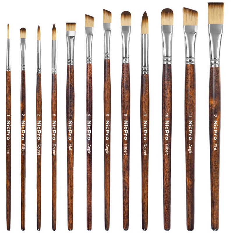 Nicpro 12PCS Artist Paint Brush Set, Craft Paint Brushes for Acrylic Painting, Oil, Watercolor, Gouache, Tempera, Face, Body, Fabric, Model, Art Supplies Paintbrushes for Artists Beginners (Wood) - Image 1