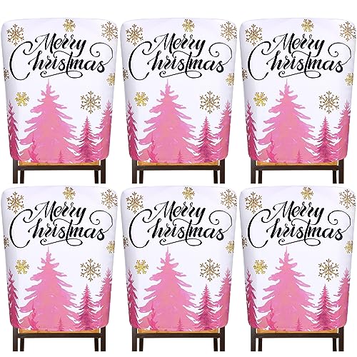 WovWeave 6 Pcs Pink Christmas Chair Covers Merry Christmas Dining Chair Slipcovers Stretch Seat Covers for Chair for Dining Room Kitchen Wedding Hotel Xmas Holiday Party Decor Banquet 2362 x 1969 in - Image 1