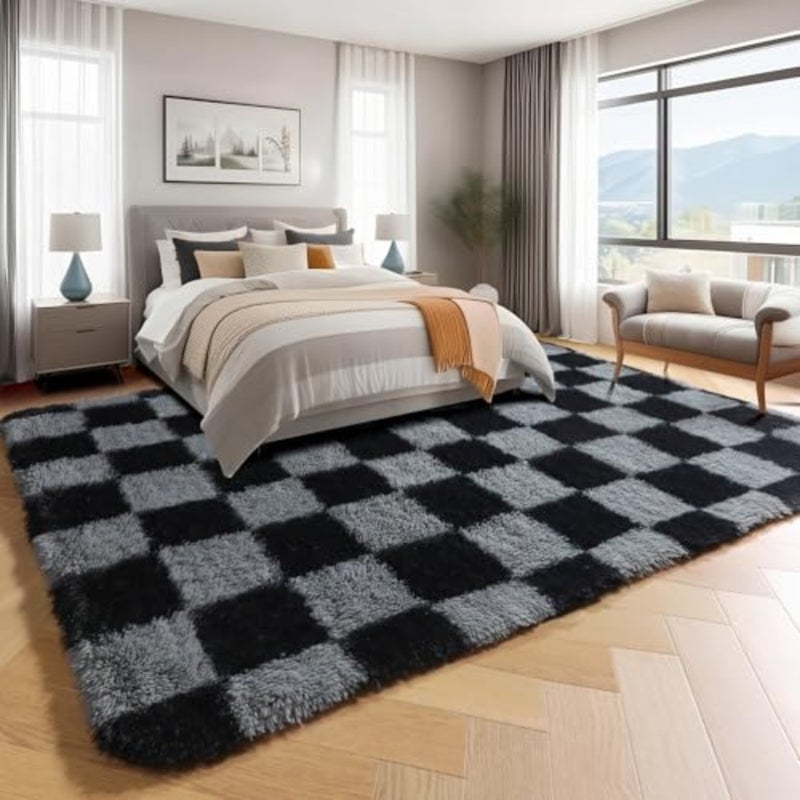 Checkered Rugs for Living Room 5x8 Black and Grey, Fluffy Fuzzy Plush Soft Shag Area Rug, Large Big Shaggy Floor Carpets Geometric Rug for Bed Room Boys Home Decor Aesthetic, Playroom - Image 3