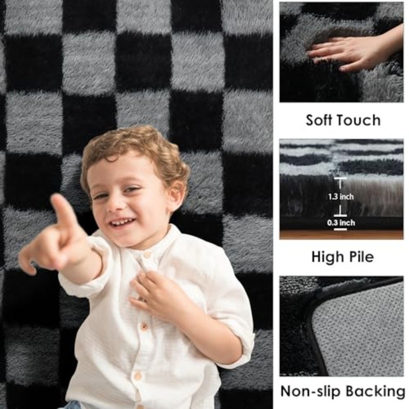 Checkered Rugs for Living Room 5x8 Black and Grey, Fluffy Fuzzy Plush Soft Shag Area Rug, Large Big Shaggy Floor Carpets Geometric Rug for Bed Room Boys Home Decor Aesthetic, Playroom - Image 2