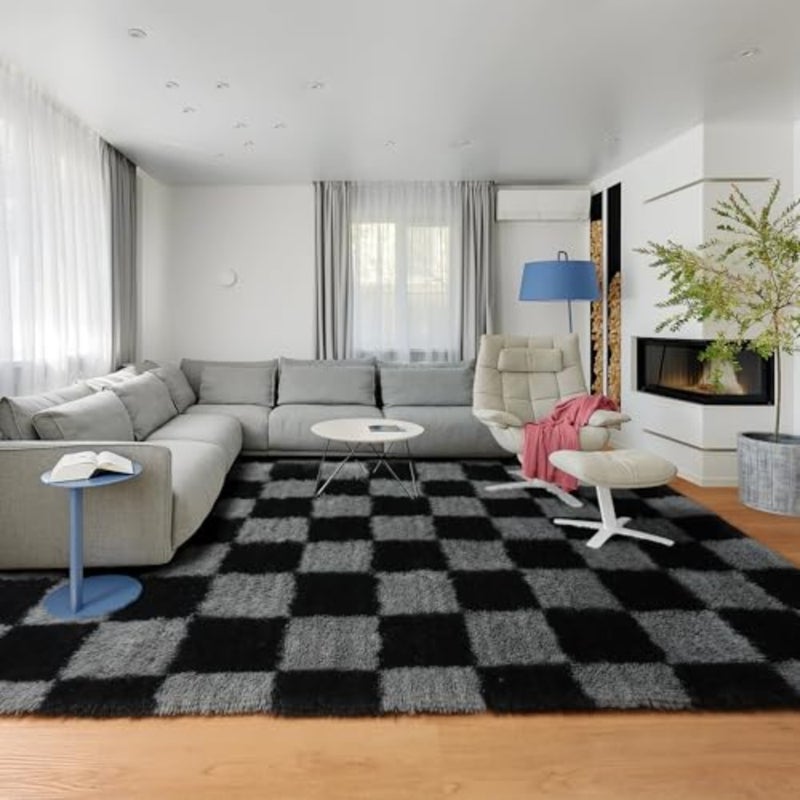 Checkered Rugs for Living Room 5x8 Black and Grey, Fluffy Fuzzy Plush Soft Shag Area Rug, Large Big Shaggy Floor Carpets Geometric Rug for Bed Room Boys Home Decor Aesthetic, Playroom - Image 5