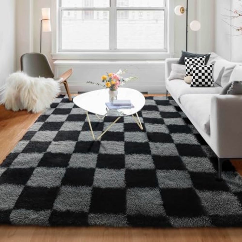 Checkered Rugs for Living Room 5x8 Black and Grey, Fluffy Fuzzy Plush Soft Shag Area Rug, Large Big Shaggy Floor Carpets Geometric Rug for Bed Room Boys Home Decor Aesthetic, Playroom - Image 1