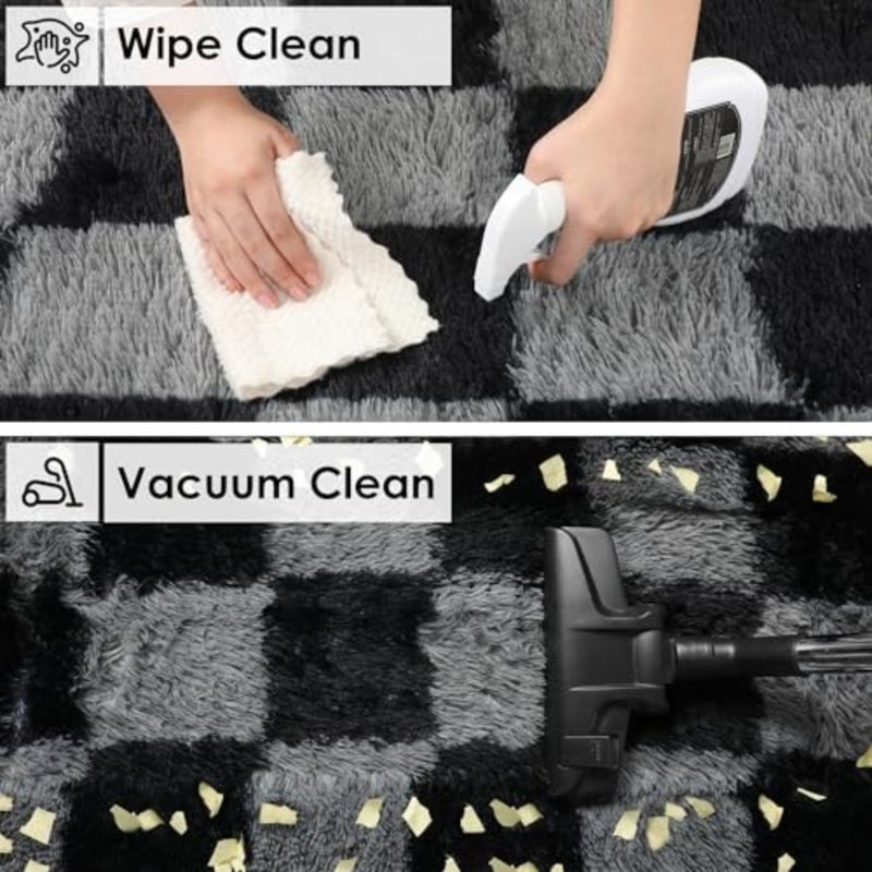 Checkered Rugs for Living Room 5x8 Black and Grey, Fluffy Fuzzy Plush Soft Shag Area Rug, Large Big Shaggy Floor Carpets Geometric Rug for Bed Room Boys Home Decor Aesthetic, Playroom - Image 4