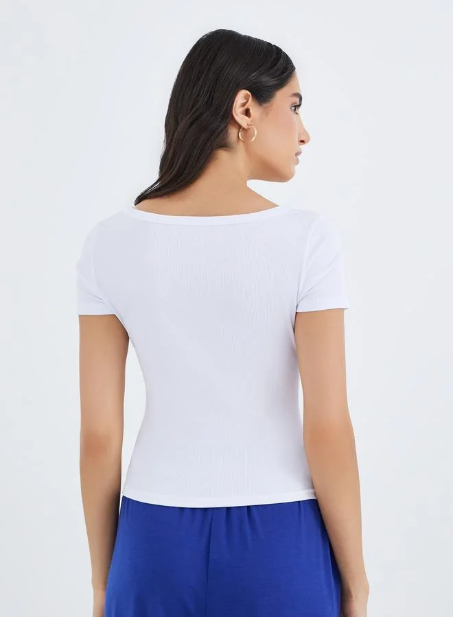 Take Two Take Two White Square Neck Ribbed Fitted T-Shirt