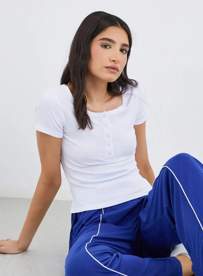 تايك تو Take Two White Square Neck Ribbed Fitted T-Shirt