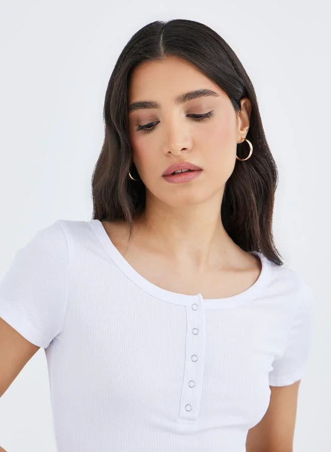 Take Two Take Two White Square Neck Ribbed Fitted T-Shirt