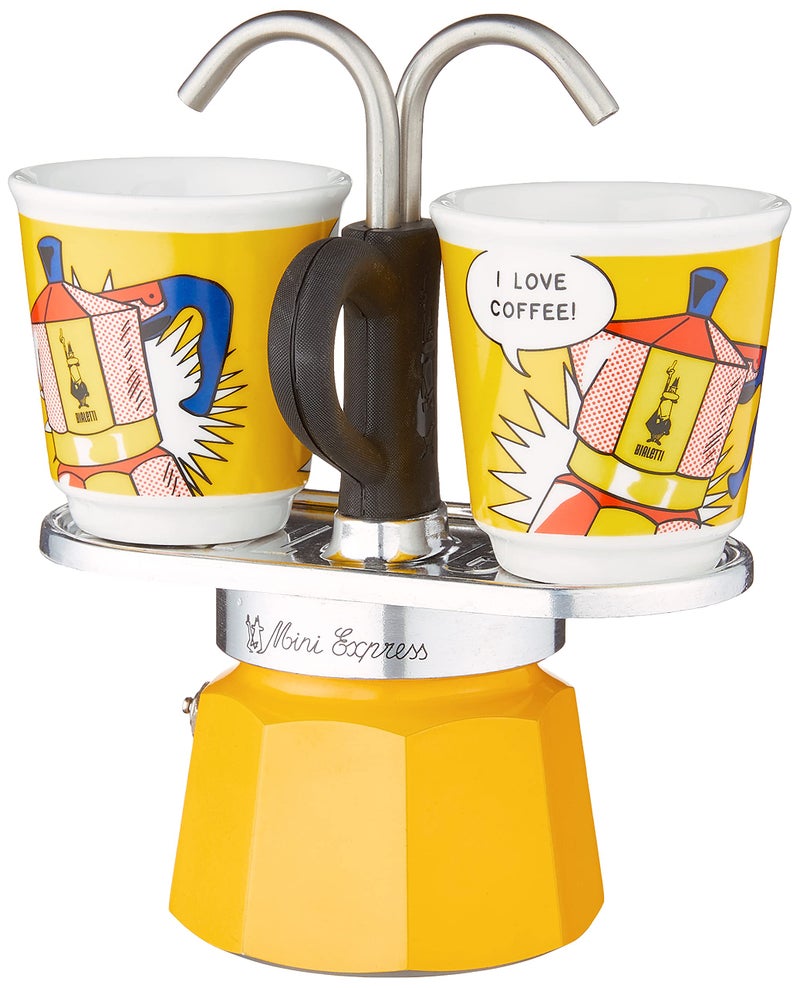 Bialetti - Mini Express Lichtenstein: Moka Set includes Coffee Maker 2-Cup (2.8 Oz) + 2 shot glasses, Yellow, Aluminium - Image 2