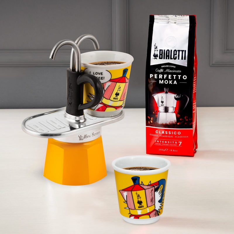 Bialetti - Mini Express Lichtenstein: Moka Set includes Coffee Maker 2-Cup (2.8 Oz) + 2 shot glasses, Yellow, Aluminium - Image 4