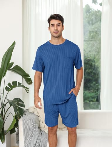 EISHOPEER Mens Pajama Set Kint Ribbed Sleepwear Nightwear Soft Short Sleeve Crew-Neck Pjs Sleep Set With Pockets Peacock BlueLarge - Image 2